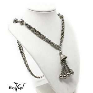 Vintage Ball Tassel Necklace Silver Metal Multi Chain Faceted Beads 26" -Hey Viv